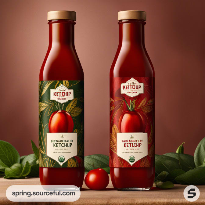 Two glass ketchup bottles with illustrated tomato labels next to fresh tomatoes and leaves.