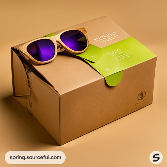 Brown box with green label and purple-lensed sunglasses on top.