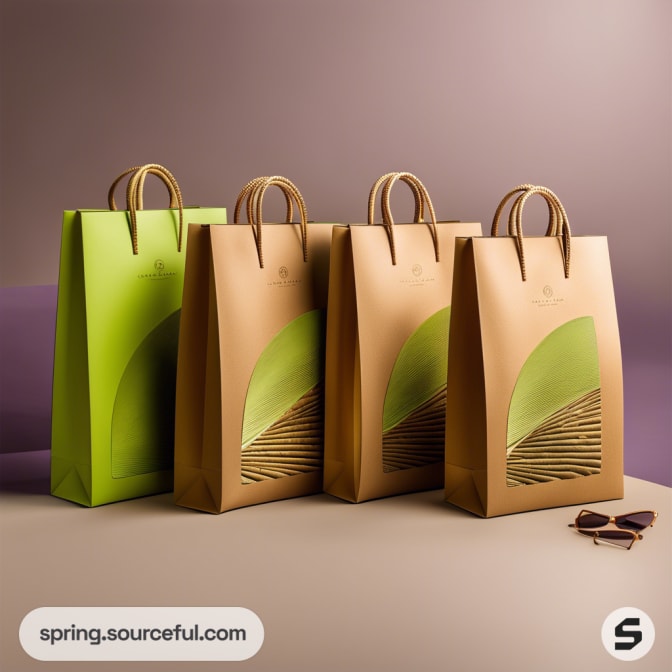 Elegant brown and green paper bags with handles on a neutral background.