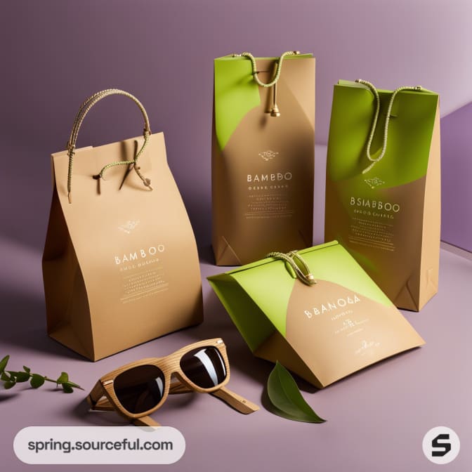 Eco-friendly packaging with string handles and bamboo-themed design, alongside bamboo sunglasses on a purple backdrop.