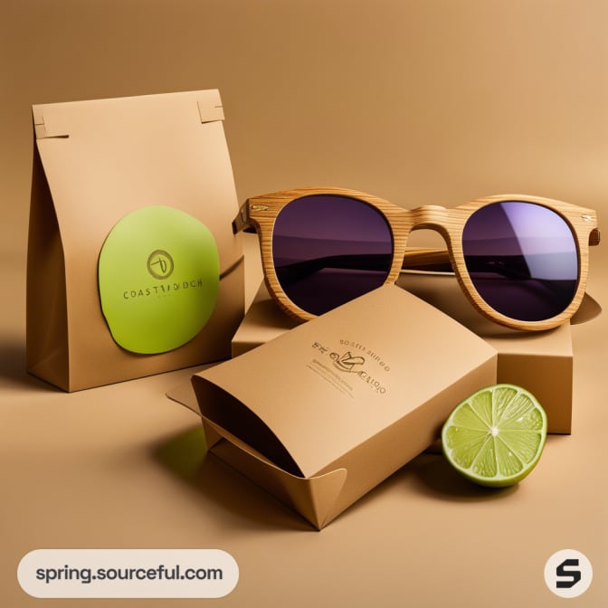 Brown cardboard packaging with wooden sunglasses and a lime half on a beige background.