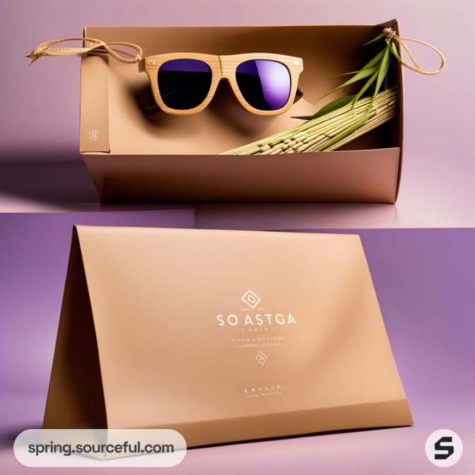 Brown triangular box with sunglasses on top, bamboo accent, purple reflection on lenses, purple background.