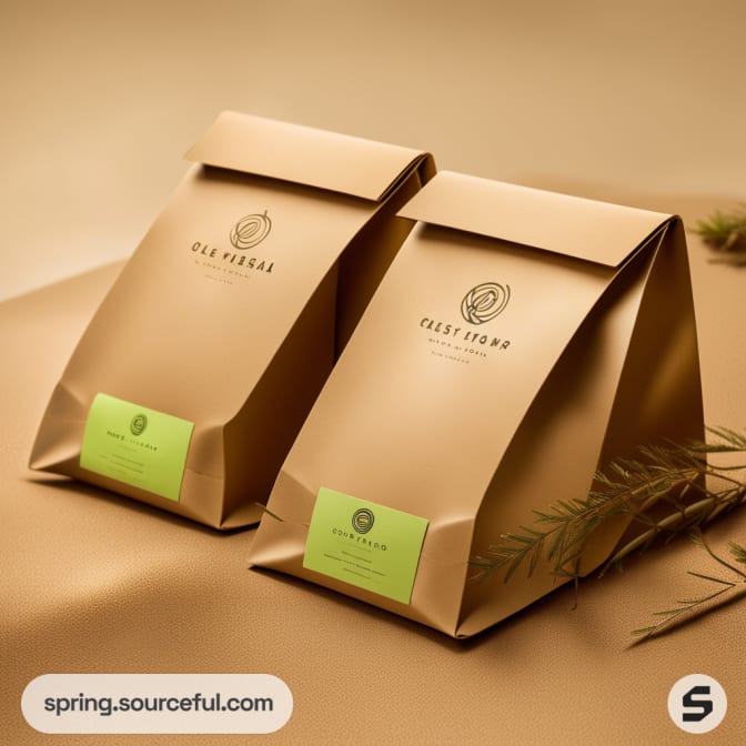 Two brown kraft paper bags with green labels on a beige background.