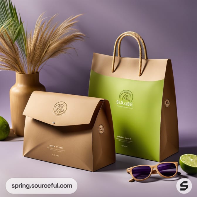 Brown and green paper bags with branded design, placed next to a vase and sunglasses.
