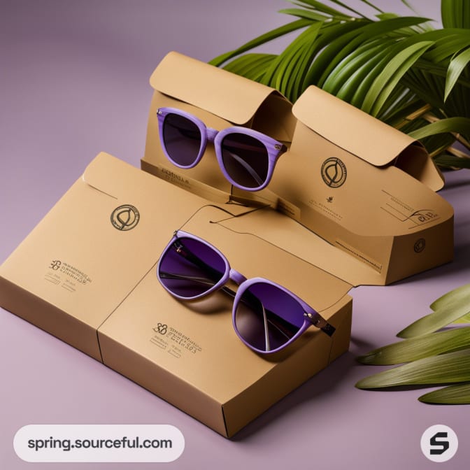 Purple sunglasses on brown cardboard packaging with tropical leaves in the background.