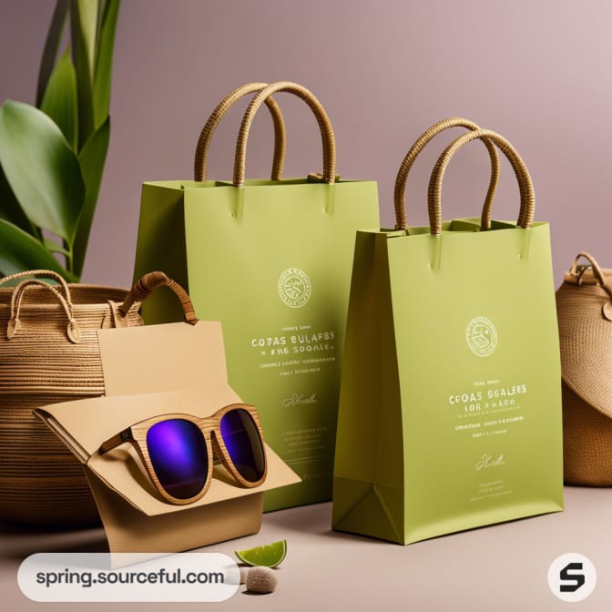 Green paper bags with handles, accompanied by sunglasses, baskets, and plant decor on a neutral background.