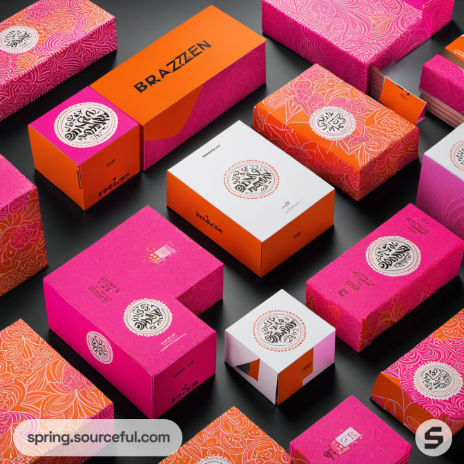 Pink and orange packaging boxes with abstract patterns.