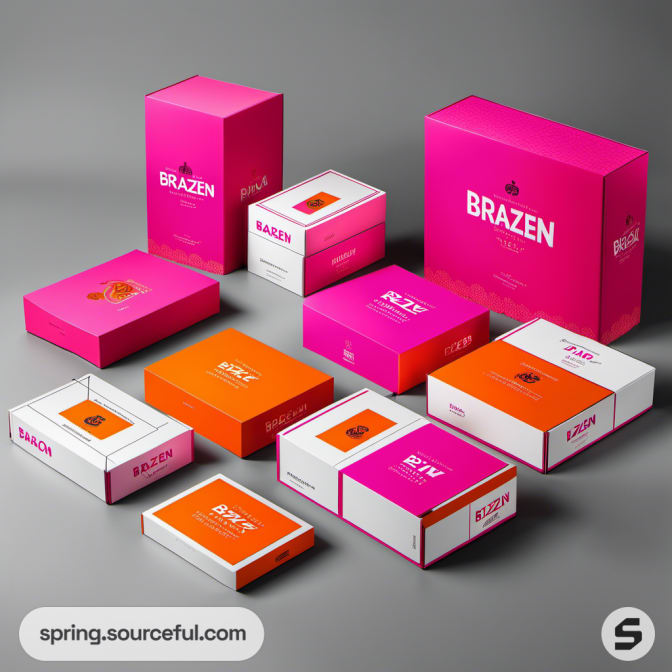 Vibrant magenta and orange mailer boxes on grey background.