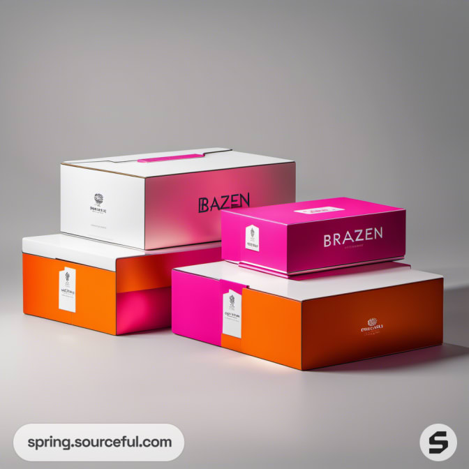 Stacked white, magenta, and orange packaging boxes.