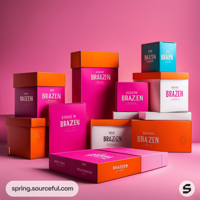 Bold pink and orange packaging boxes against pink backdrop.