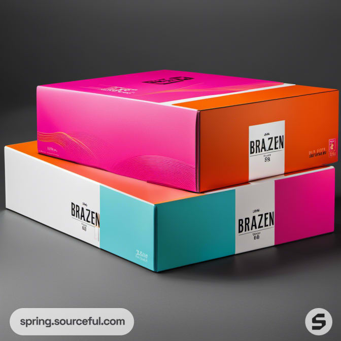 Two-tone magenta and teal product boxes on dark background.