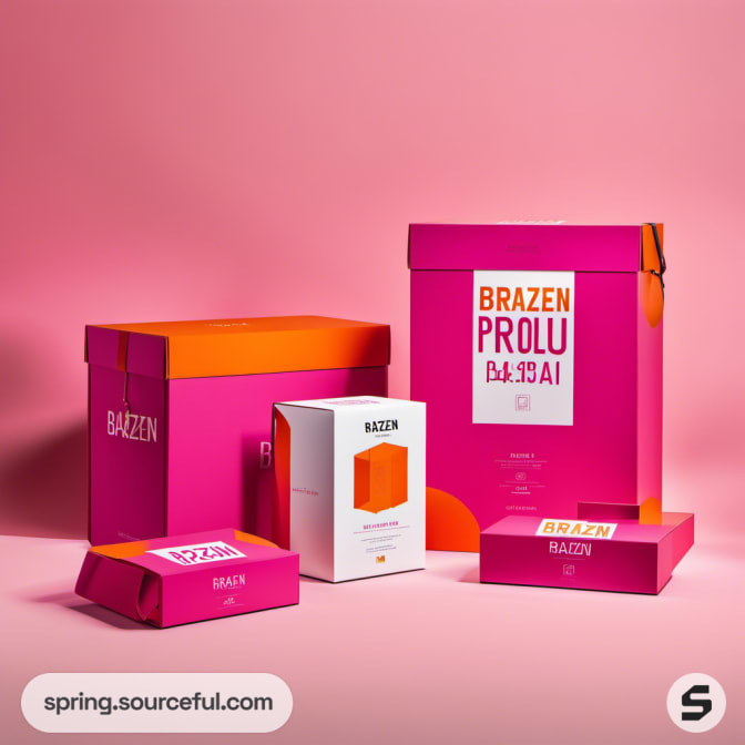 Assorted pink, orange, and white packaging boxes on pink backdrop.