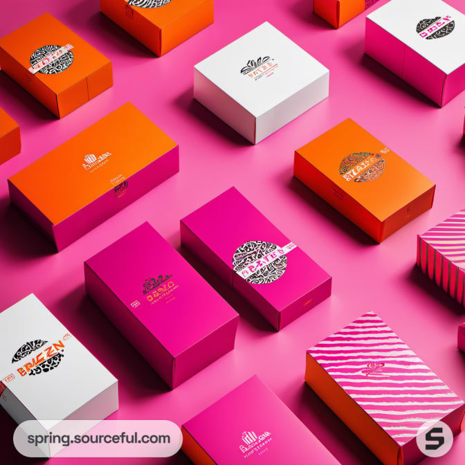 Bright pink and orange packaging boxes with geometric designs.