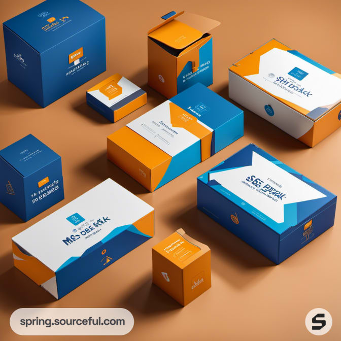 Variety of orange and blue boxes on a tan surface, showcasing geometric designs.