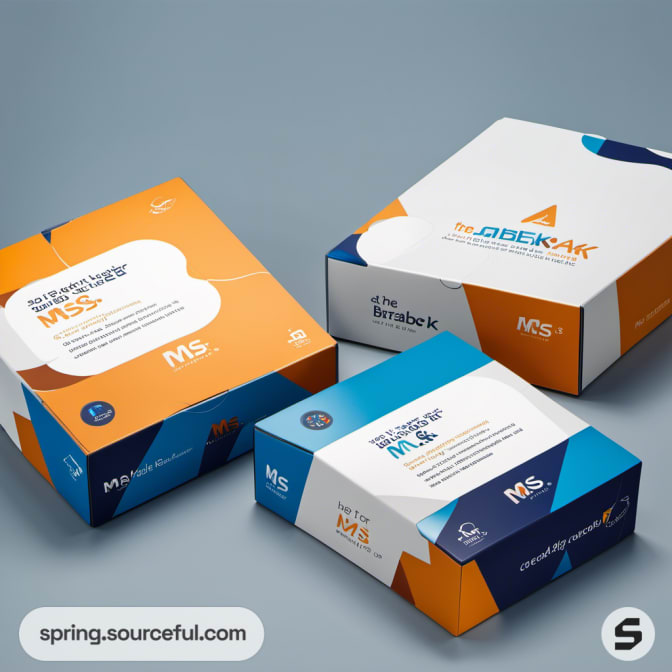 Orange and blue boxes with geometric designs on a light grey background.