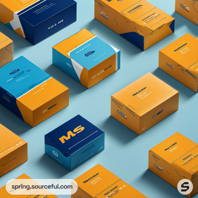 Array of orange and blue boxes with geometric patterns on a teal surface.
