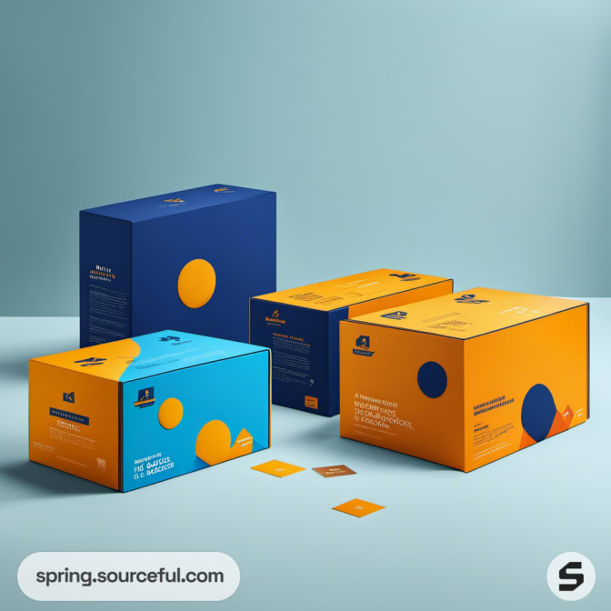 Colorful boxes featuring circular designs in blue and orange on a teal background.