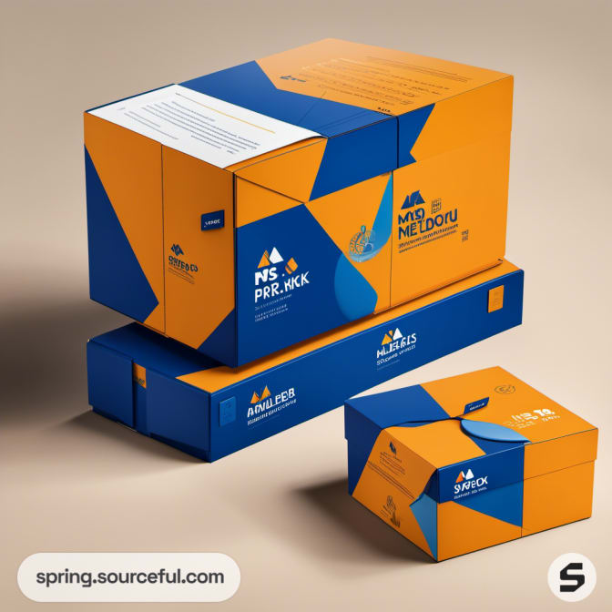 Stacked orange and blue boxes with geometric designs on a beige surface.