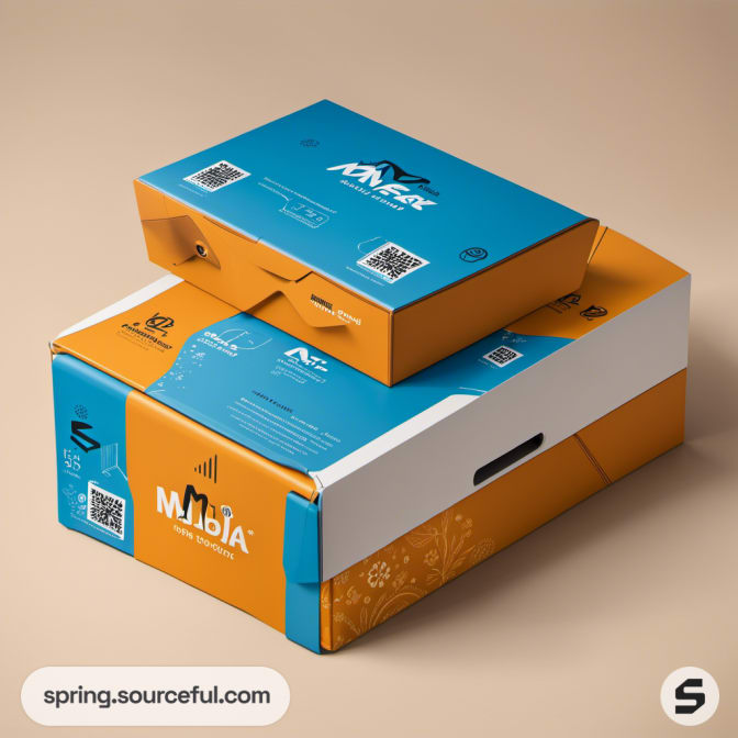 Blue and orange boxes with geometric designs on a tan surface.