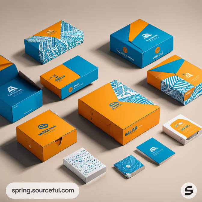 Mixed packaging in orange and blue with leaf patterns on a beige background.