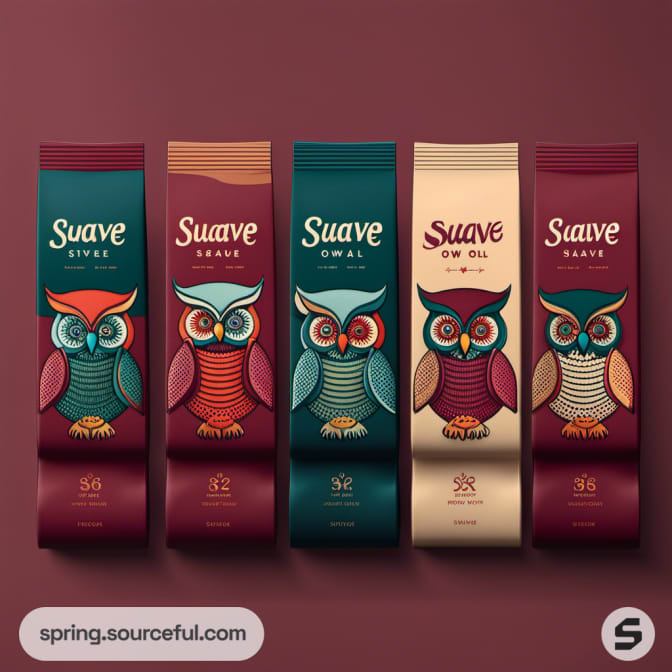 Five colorful owl-themed pouches in various shades of red and blue.