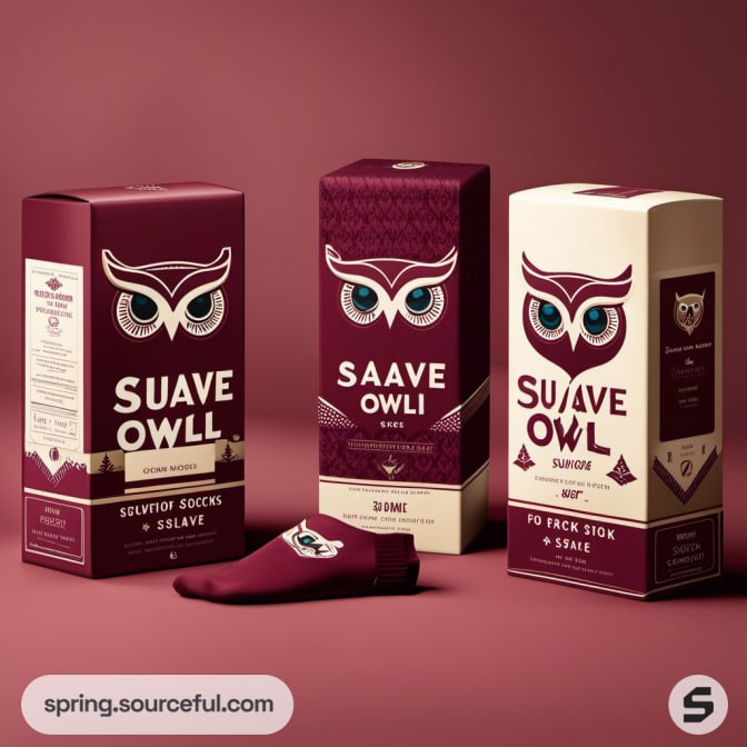 Owl graphic on burgundy boxes with socks packaging.