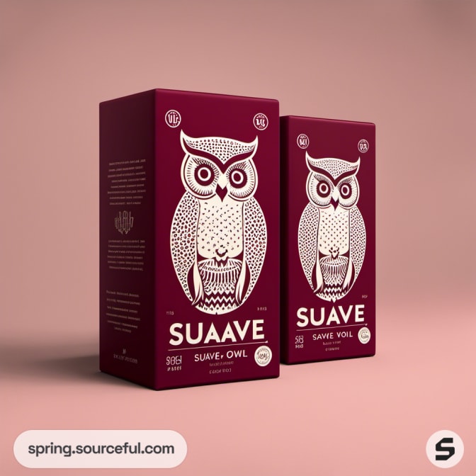 Two burgundy boxes featuring a white owl illustration.