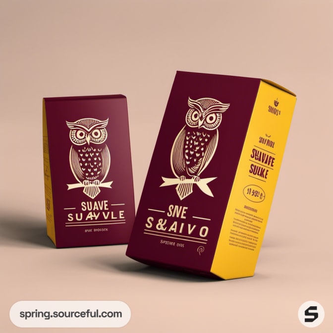 Owl-illustrated burgundy boxes with a yellow side panel.