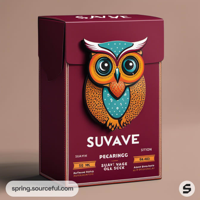 Burgundy box with vibrant owl illustration on the front.
