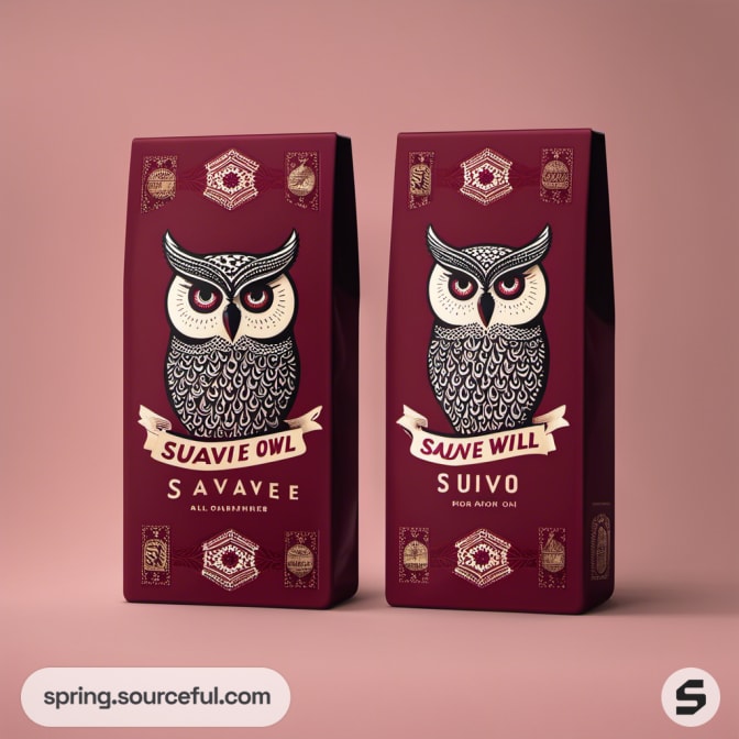 Two burgundy bags with bold owl designs and ornate patterns.
