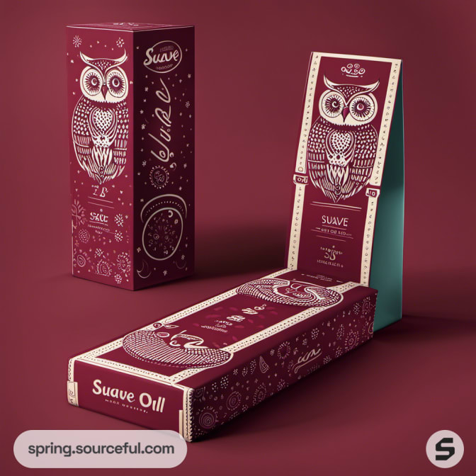 Intricate owl-design box in burgundy with stylized text.