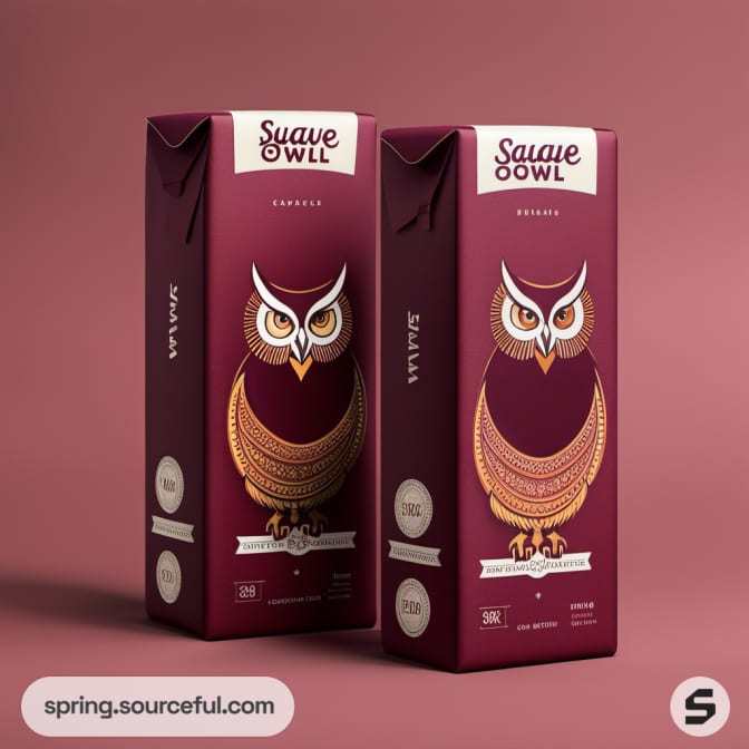 Burgundy cartons with detailed owl illustrations.