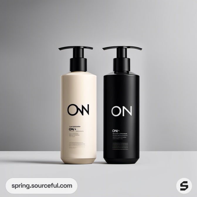 Black and beige pump bottles with minimalist design on gray background.