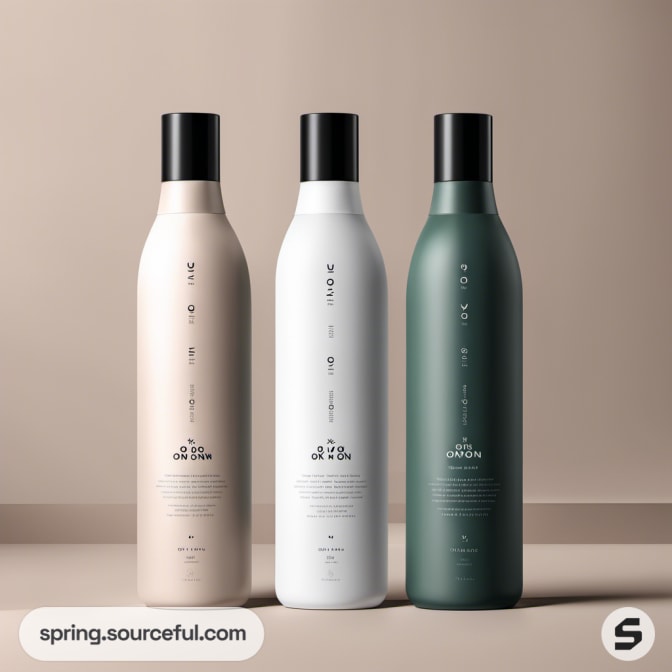 Tall beige, white, and green bottles with vertical text on neutral backdrop.