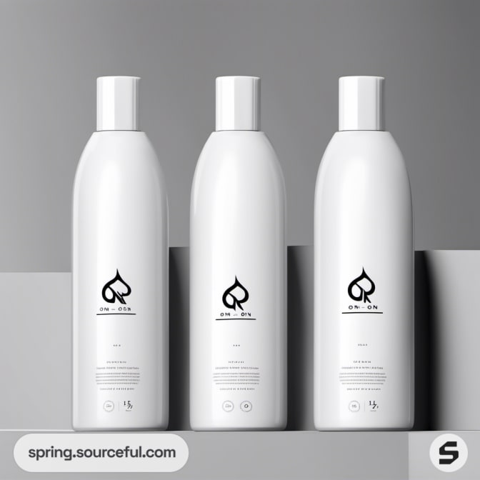 Three white bottles with minimalist logo and vertical text arrangement.