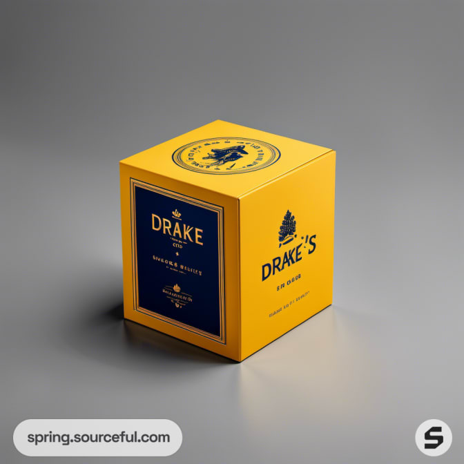 Yellow and blue cube box with branded design, featuring a logo and text on a gray background.