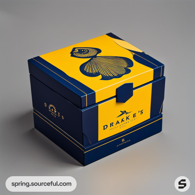 Navy blue and yellow gift box with fish design, secured with a clasp on a grey surface.