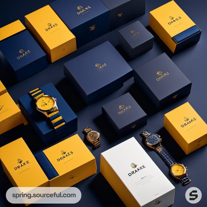 Array of navy and yellow watch boxes with watches inside.