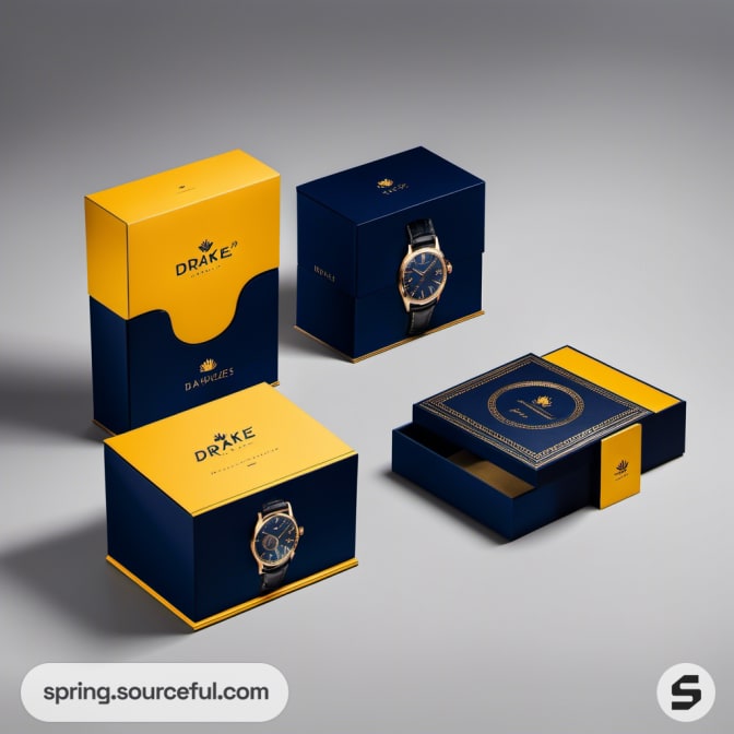 Navy and yellow boxes showcasing watches in elegant packaging.