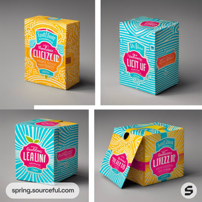 Colorful boxes with bold text and intricate patterns in teal and yellow.