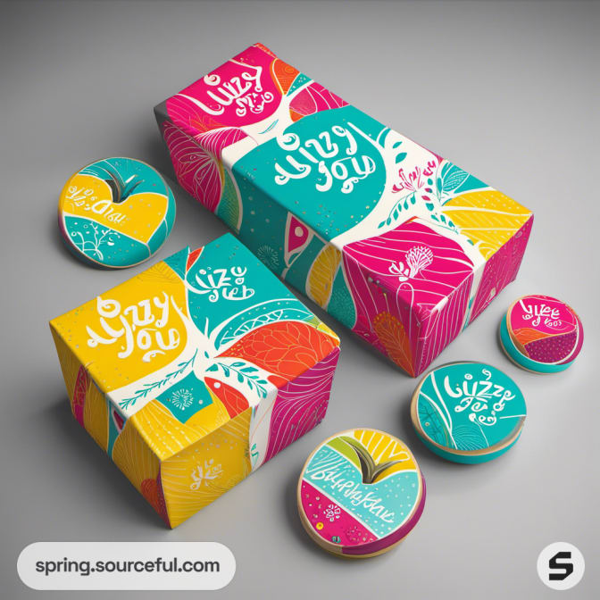 Bright packaging with vibrant geometric floral designs in multiple colors.