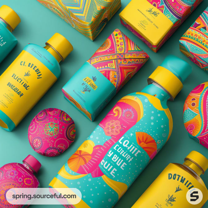 Assorted teal and yellow bottles with abstract designs and bold text.