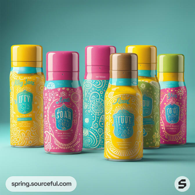 Colorful spray bottles with paisley and floral patterns.