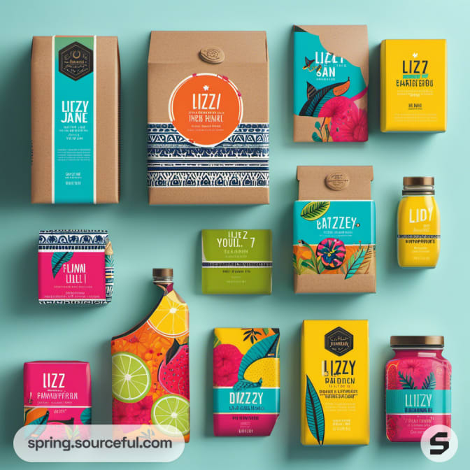 Display of variously shaped packages in vibrant colors with geometric designs.