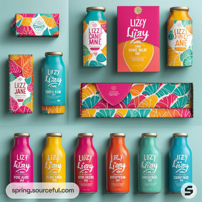 Bottles and boxes with bold leaf patterns and colorful accents.