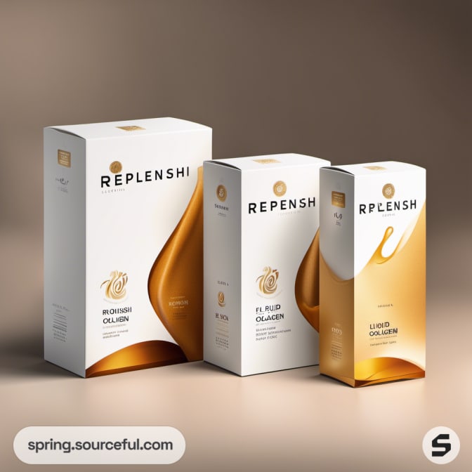 White and gold packaging with elegant swirl design, featuring a mailer box format.