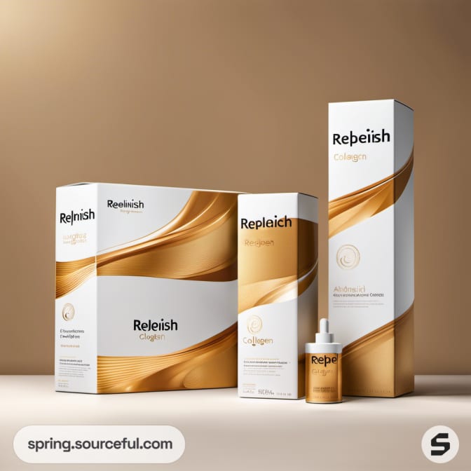 Elegant gold and white packaging for collagen products, includes boxes and dropper bottle.