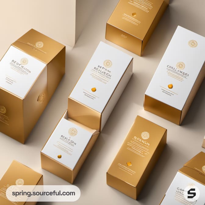 Top view of gold and white packaging boxes with a prominent drop icon.
