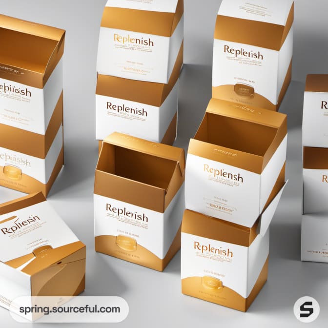 Multiple open gold and white boxes displaying luxurious packaging design.