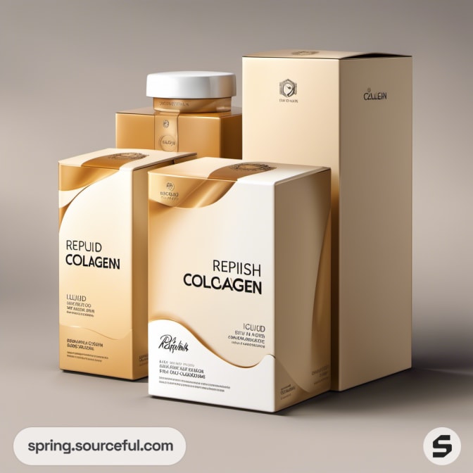 Collagen product packaging with gold fluid patterns on white background.